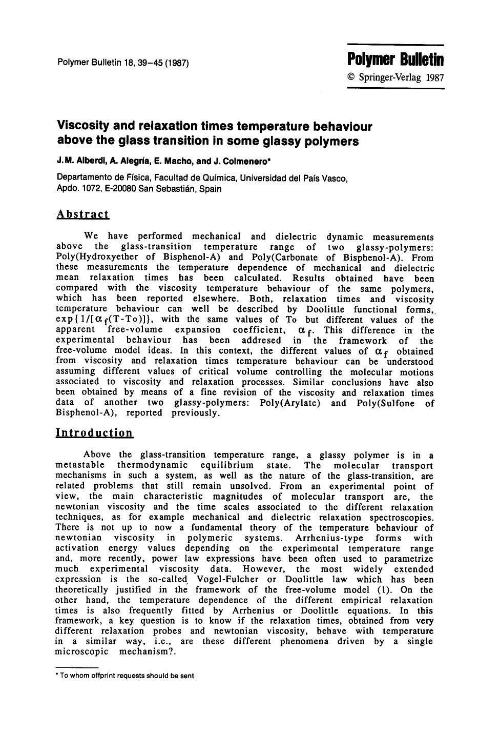 Viscosity and relaxation times temperature behaviour above the glass transition in some glassy polymers by Unknown