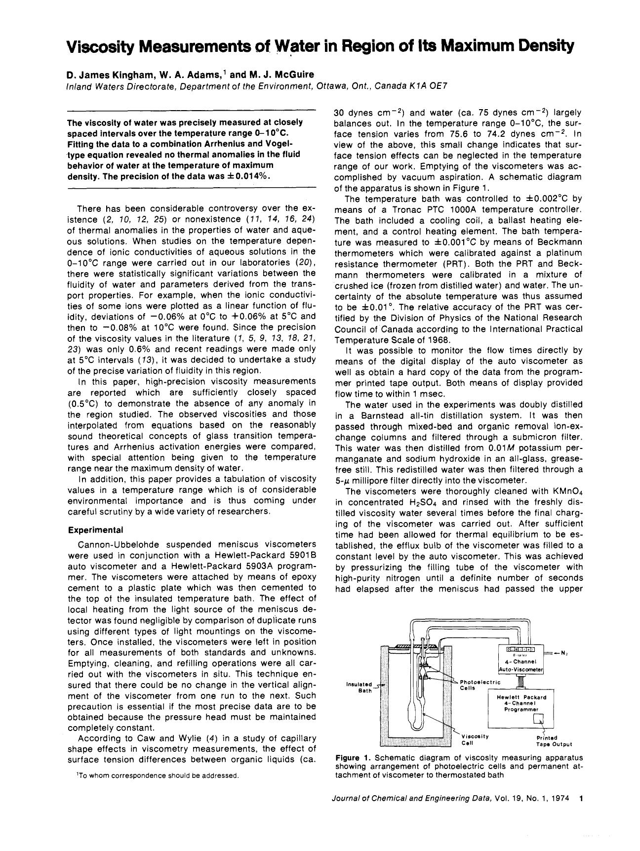 Viscosity measurements of water in region of its maximum density by D. James Kingham W. A. Adams M. J. McGuire