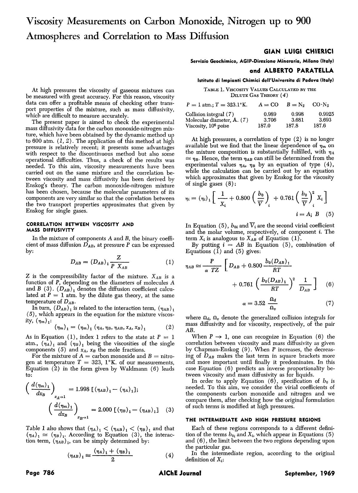 Viscosity measurements on carbon monoxide, nitrogen up to 900 atmospheres and correlation to mass diffusion by Unknown