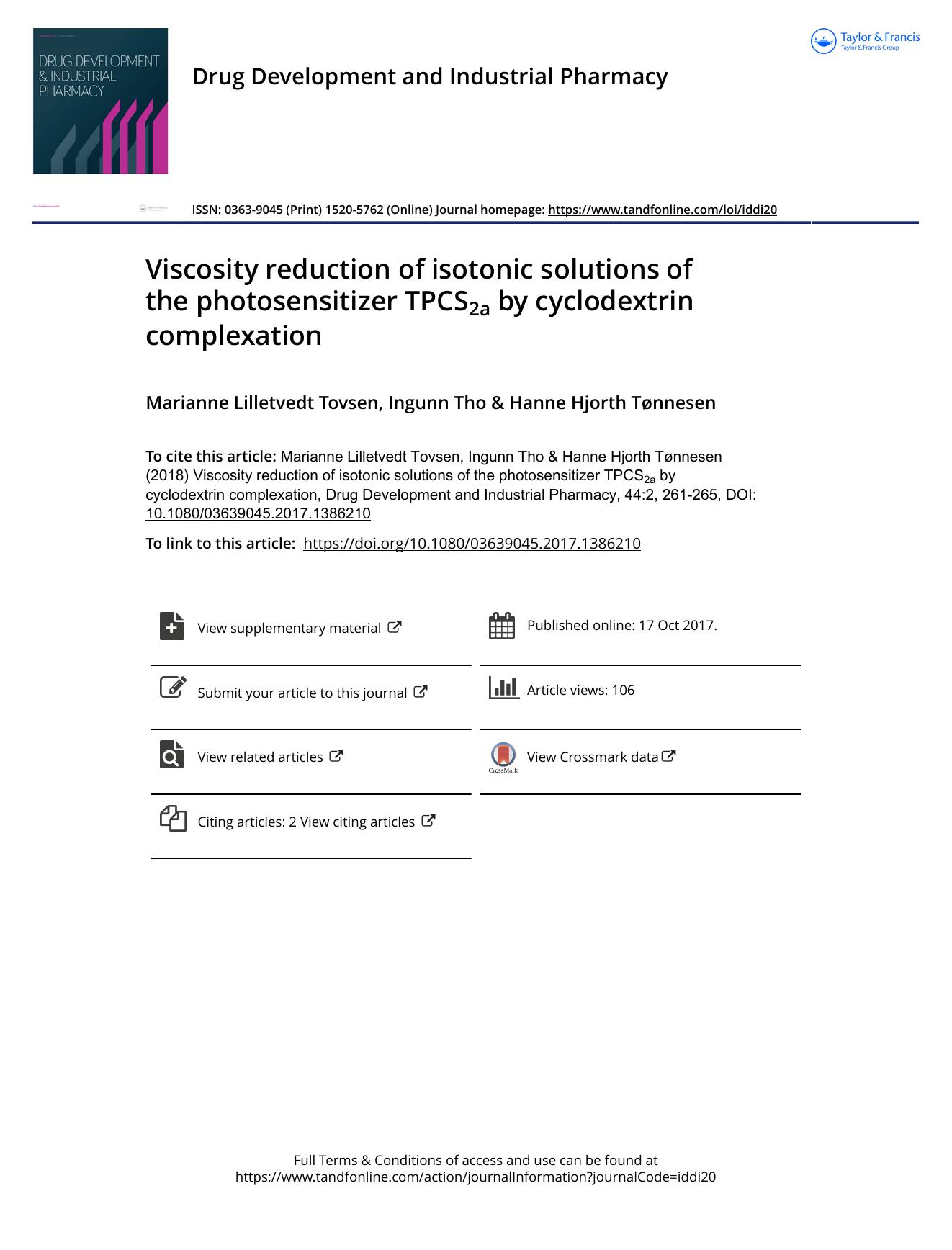 Viscosity reduction of isotonic solutions of the photosensitizer TPCS2a by cyclodextrin complexation by Tovsen Marianne Lilletvedt & Tho Ingunn & Tønnesen Hanne Hjorth