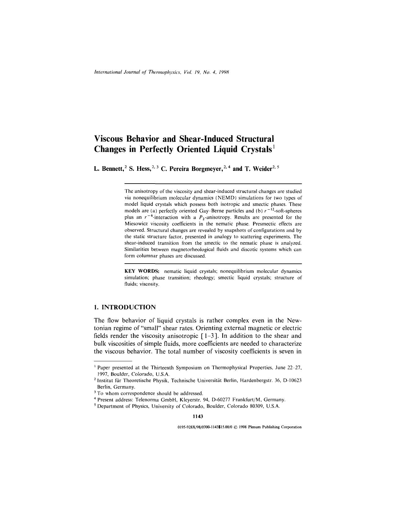 Viscous Behavior and Shear-Induced Structural Changes in Perfectly Oriented Liquid Crystals by Unknown