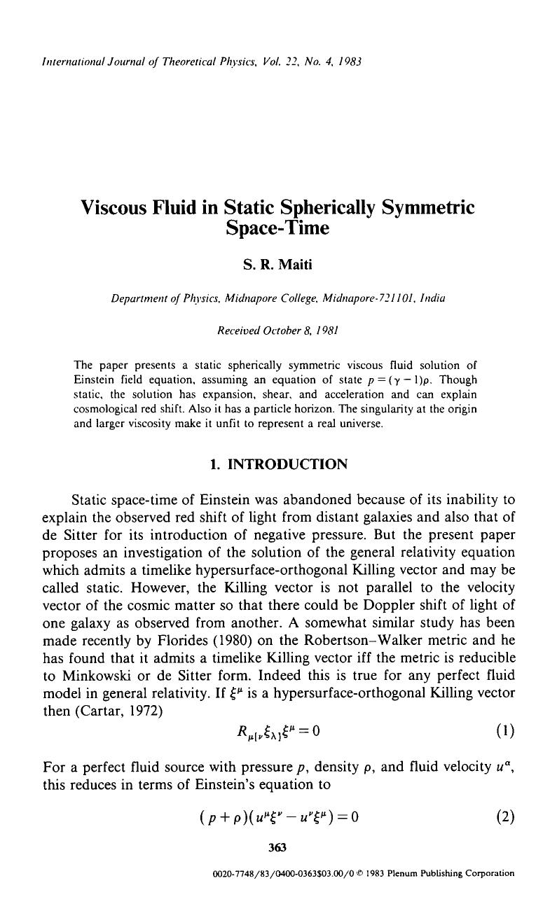 Viscous fluid in static spherically symmetric space-time by Unknown