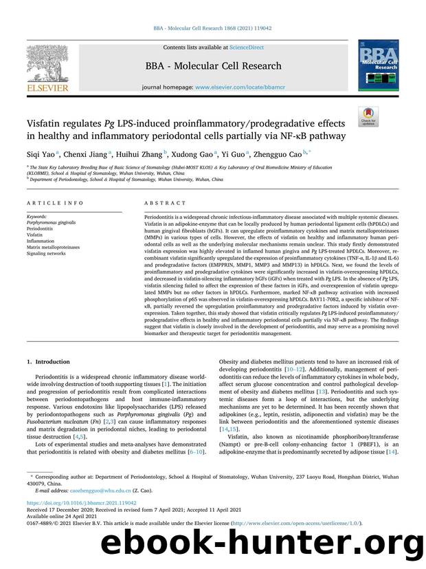 Visfatin regulates Pg LPS-induced proinflammatoryprodegradative effects in healthy and inflammatory periodontal cells partially via NF-ÎºB pathway by Siqi Yao & Chenxi Jiang & Huihui Zhang & Xudong Gao & Yi Guo & Zhengguo Cao