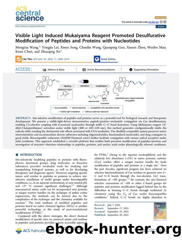 Visible Light Induced Mukaiyama Reagent Promoted Desulfurative Modification of Peptides and Proteins with Nucleotides by unknow