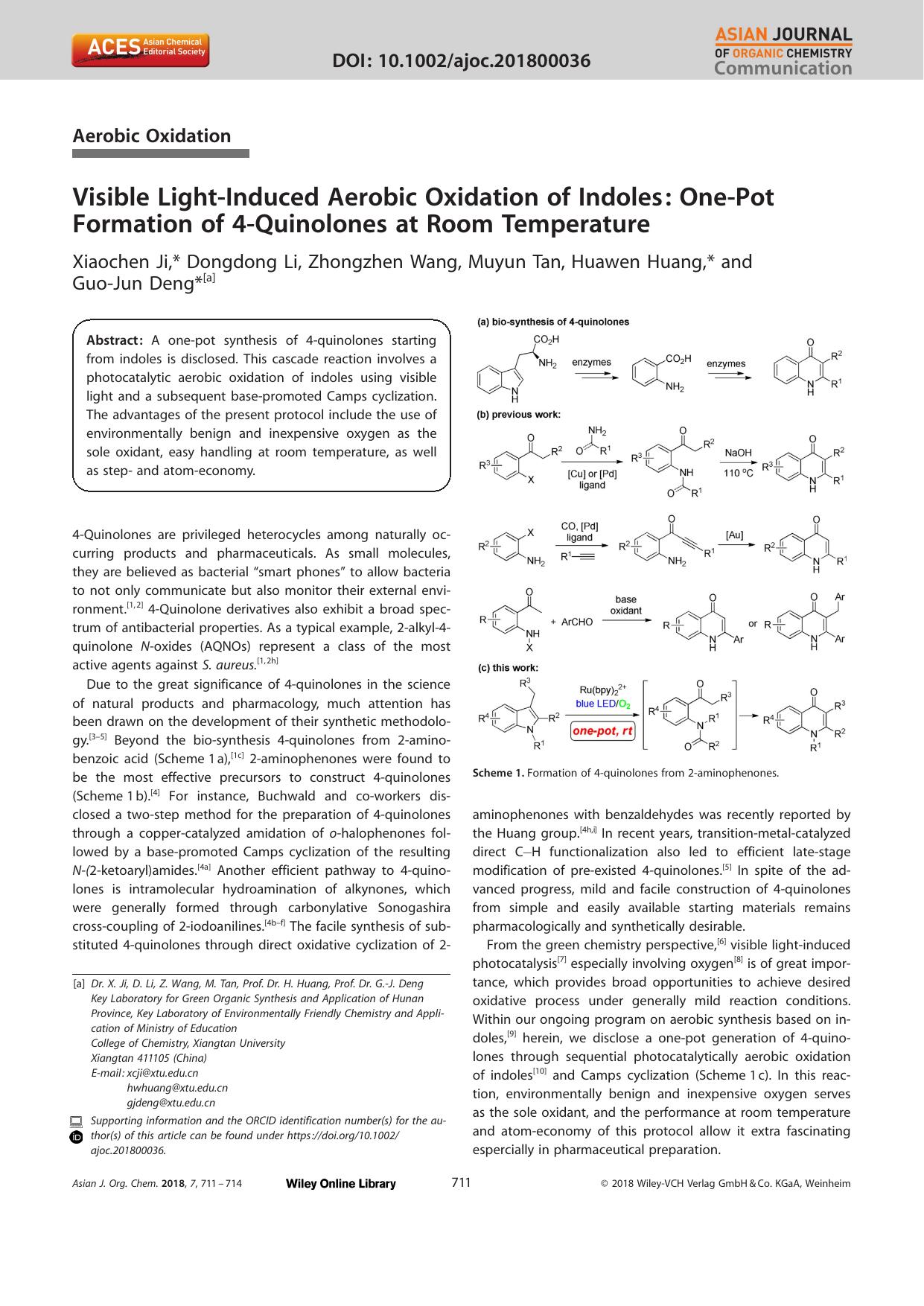 Visible LightâInduced Aerobic Oxidation of Indoles: OneâPot Formation of 4âQuinolones at Room Temperature by Unknown