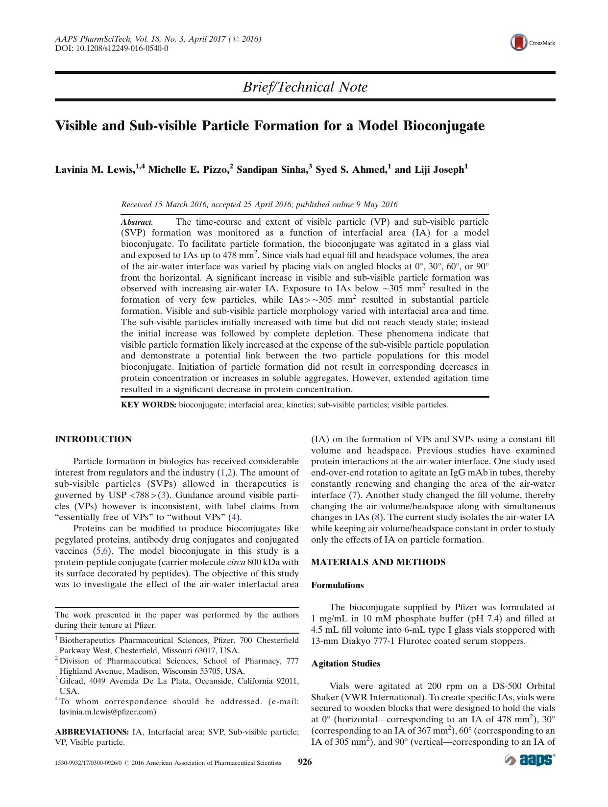 Visible and Sub-visible Particle Formation for a Model Bioconjugate by Lavinia M. Lewis & Michelle E. Pizzo & Sandipan Sinha & Syed S. Ahmed & Liji Joseph