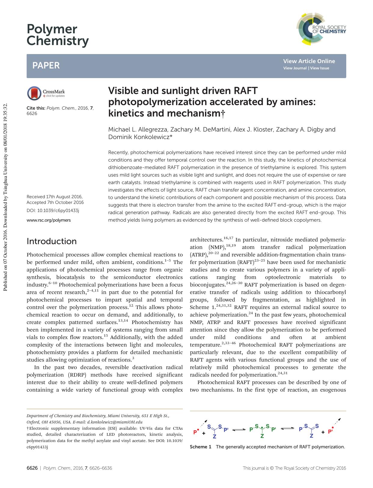 Visible and sunlight driven RAFT photopolymerization accelerated by amines: kinetics and mechanism by Michael L. Allegrezza Zachary M. DeMartini Alex J. Kloster Zachary A. Digby Dominik Konkolewicz