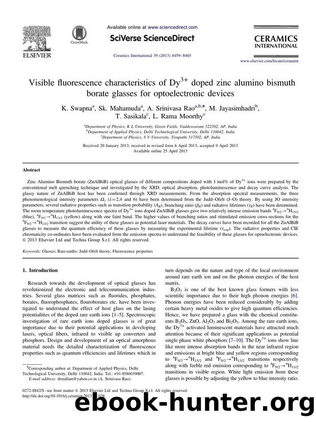 Visible fluorescence characteristics of Dy3+ doped zinc alumino bismuth borate glasses for optoelectronic devices by K. Swapna & Sk. Mahamuda & A. Srinivasa Rao & M. Jayasimhadri & T. Sasikala & L. Rama Moorthy