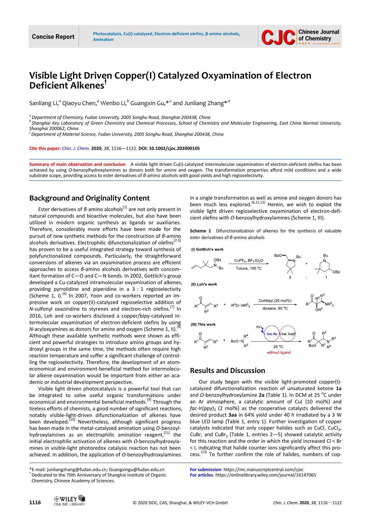 Visible light driven copper I catalyzed oxyamination of electron deficient alkenes by USER