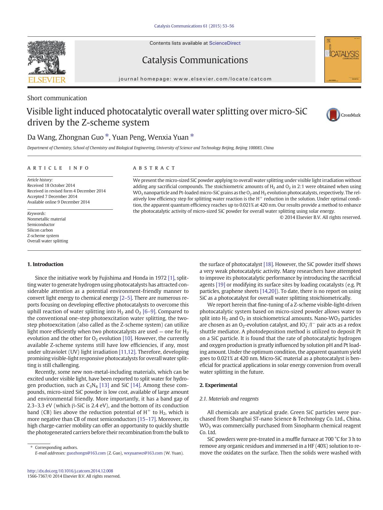 Visible light induced photocatalytic overall water splitting over micro-SiC driven by the Z-scheme system by Da Wang & Zhongnan Guo & Yuan Peng & Wenxia Yuan