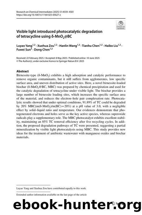 Visible light introduced photocatalytic degradation of tetracycline using Î´-MnO2@BC by Luyao Yang & Xuehua Zou & Hanlin Wang & Tianhu Chen & Haibo Liu & Fuwei Sun & Dong Chen