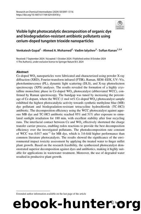 Visible light photocatalytic decomposition of organic dye and biodegradation-resistant antibiotic pollutants using cerium-doped tungsten trioxide nanoparticles by Venkatesh Gopal & Ahmed A. Mohamed & Vadim Ialyshev & Sofian Kanan