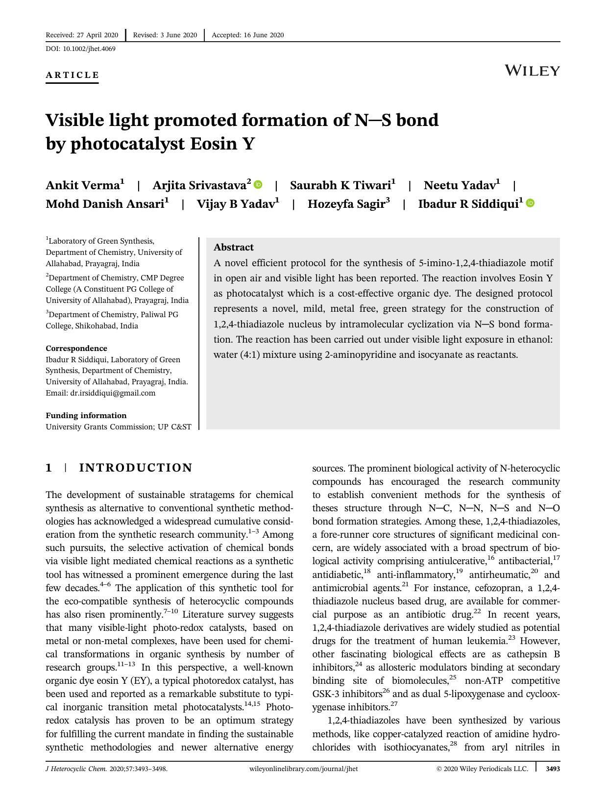 Visible light promoted formation of N-S bond catalysed by photocatalyst Eosin Y by Unknown