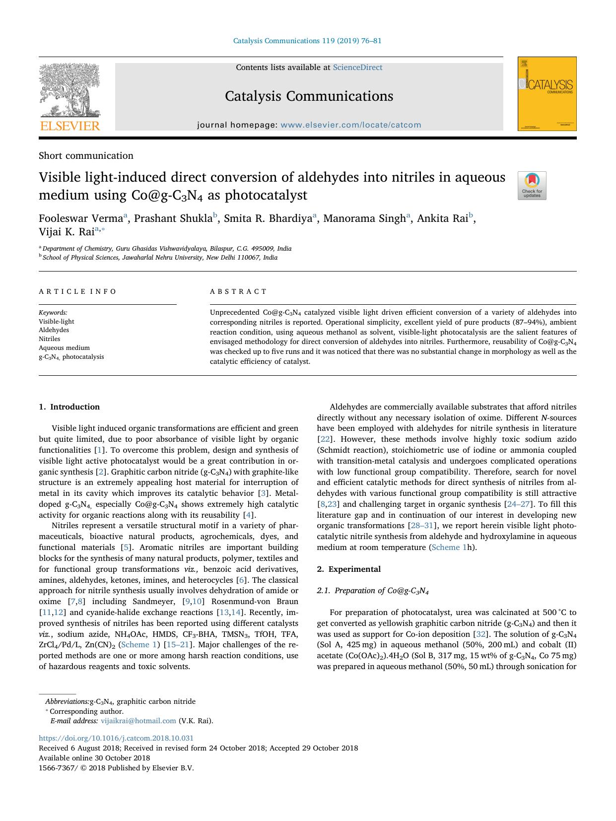 Visible light-induced direct conversion of aldehydes into nitriles in aqueous medium using Co@g-C3N4 as photocatalyst by Fooleswar Verma & Prashant Shukla & Smita R. Bhardiya & Manorama Singh & Ankita Rai & Vijai K. Rai
