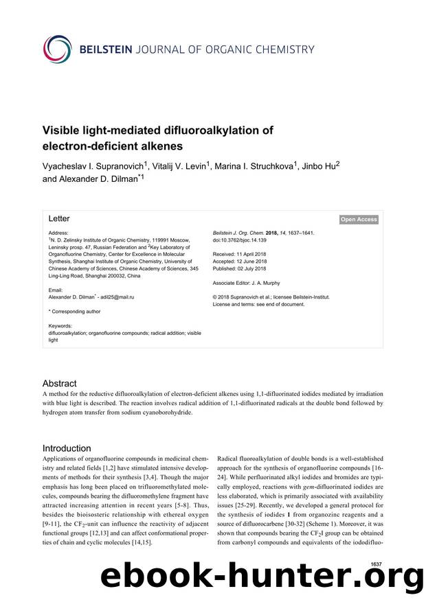 Visible light-mediated difluoroalkylation of electron-deficient alkenes by Vyacheslav I. Supranovich Vitalij V. Levin Marina I. Struchkova Jinbo Hu Alexander D. Dilman