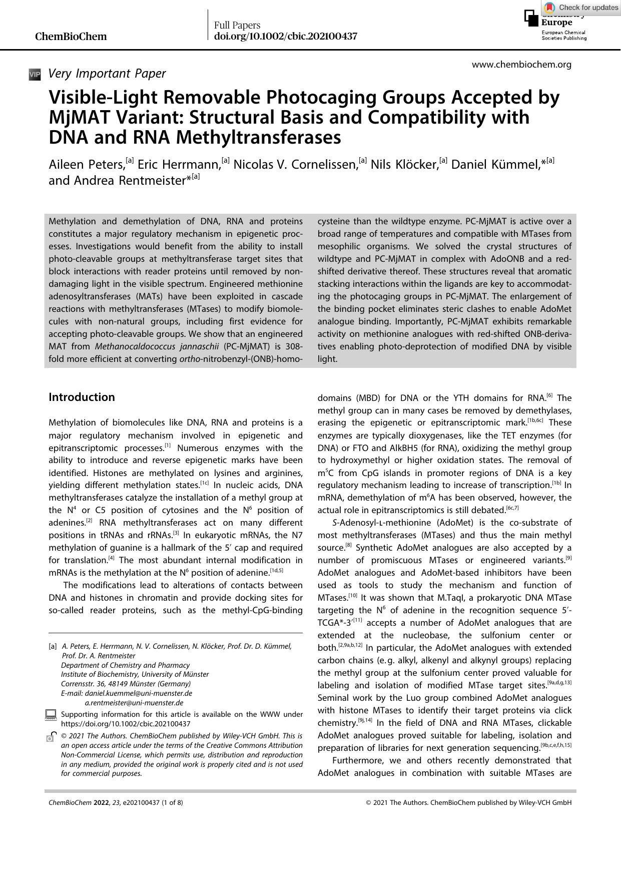 VisibleâLight Removable Photocaging Groups Accepted by MjMAT Variant: Structural Basis and Compatibility with DNA and RNA Methyltransferases by Unknown