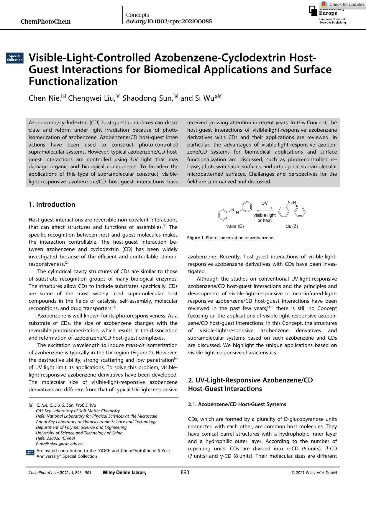 VisibleâLightâControlled AzobenzeneâCyclodextrin HostâGuest Interactions for Biomedical Applications and Surface Functionalization by Unknown