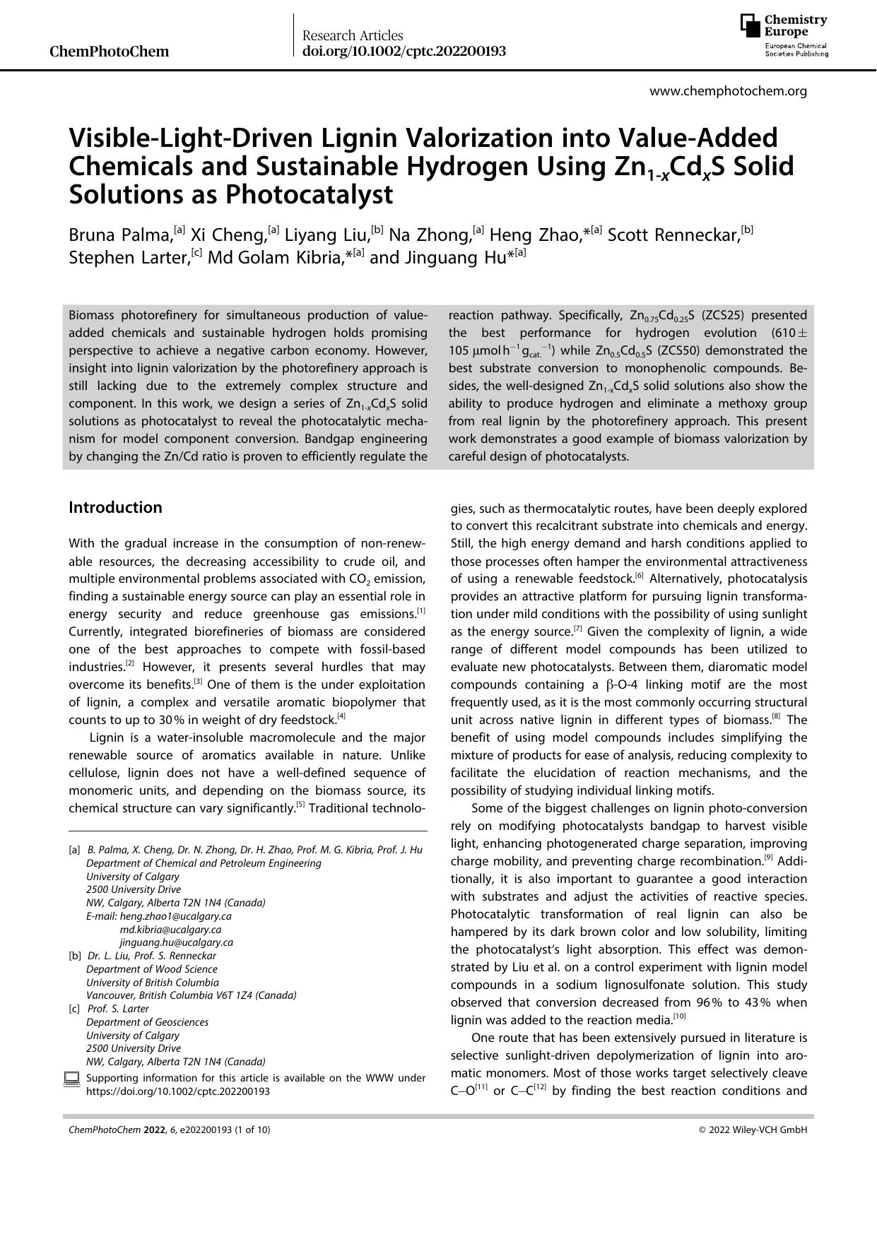 VisibleâLightâDriven Lignin Valorization into ValueâAdded Chemicals and Sustainable Hydrogen Using Zn1âxCdxS Solid Solutions as Photocatalyst by Unknown