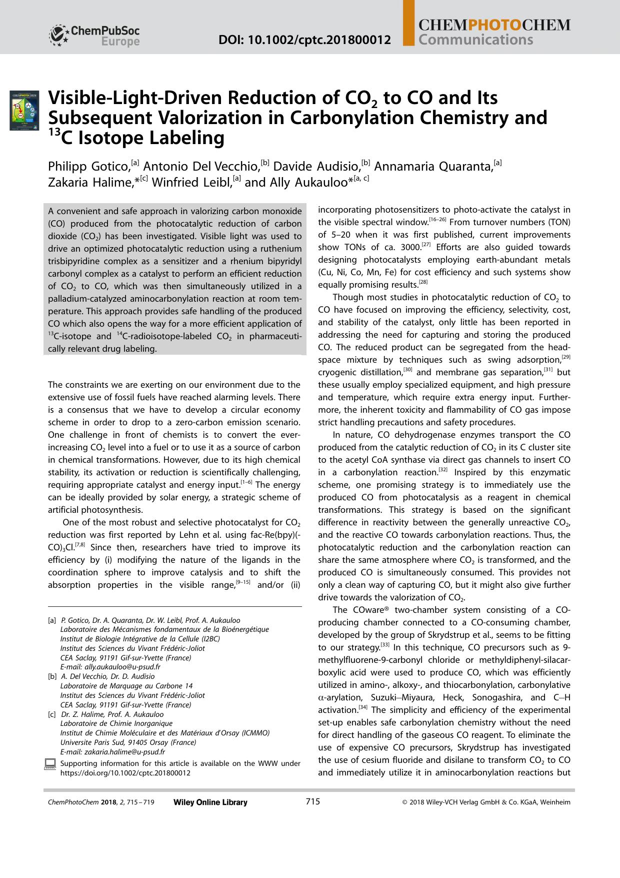 VisibleâLightâDriven Reduction of CO2 to CO and Its Subsequent Valorization in Carbonylation Chemistry and 13C Isotope Labeling by Unknown