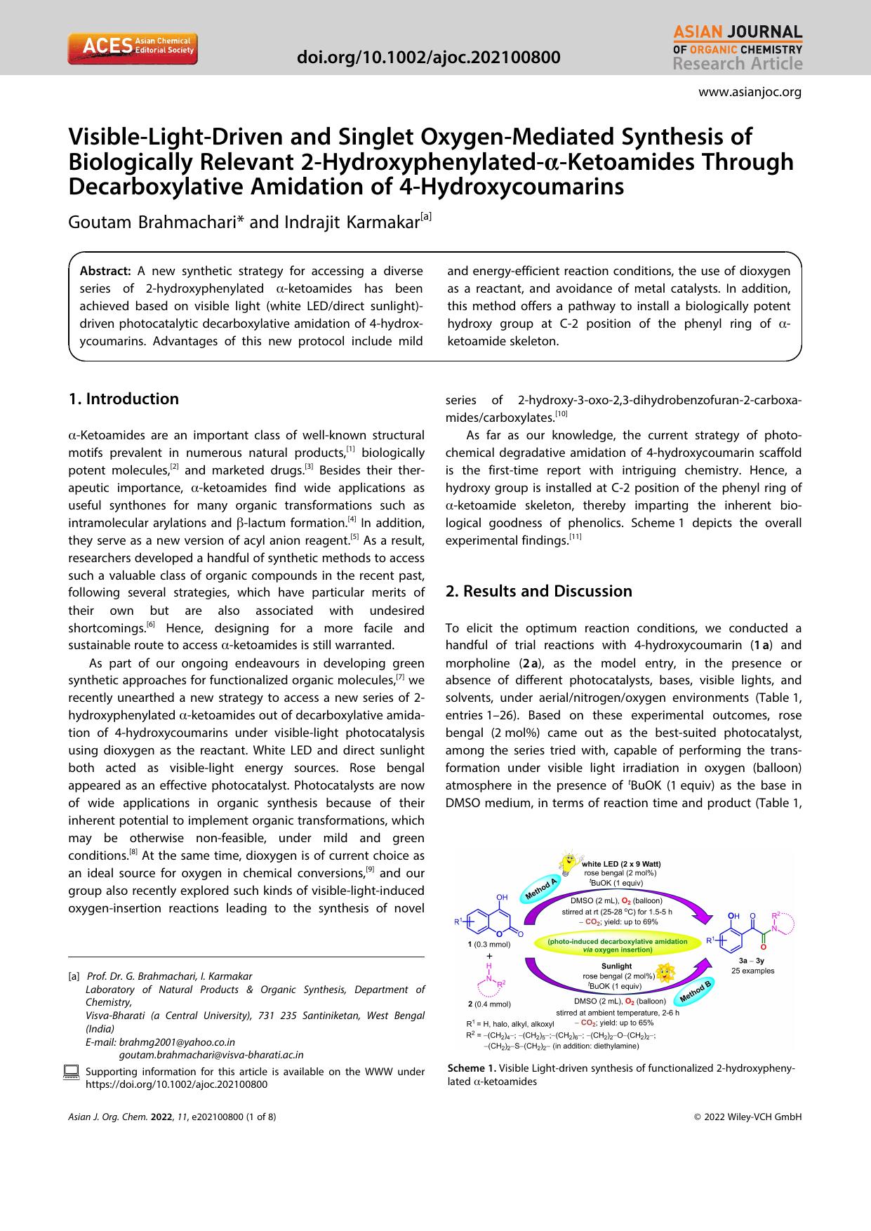 VisibleâLightâDriven and Singlet OxygenâMediated Synthesis of Biologically Relevant 2âHydroxyphenylatedâÎ±âKetoamides Through Decarboxylative Amidation of 4âHydroxycoumarins by Unknown