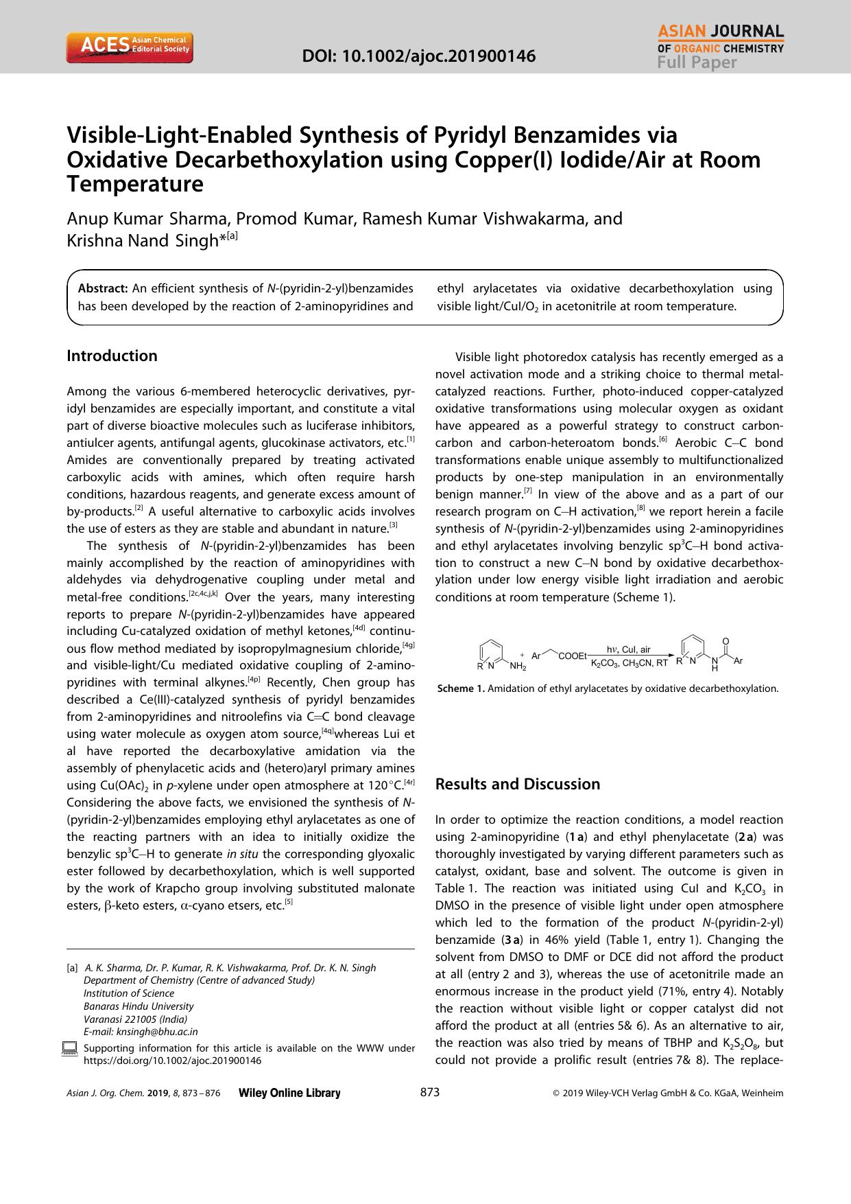 VisibleâLightâEnabled Synthesis of Pyridyl Benzamides via Oxidative Decarbethoxylation using Copper(I) IodideAir at Room Temperature by Unknown