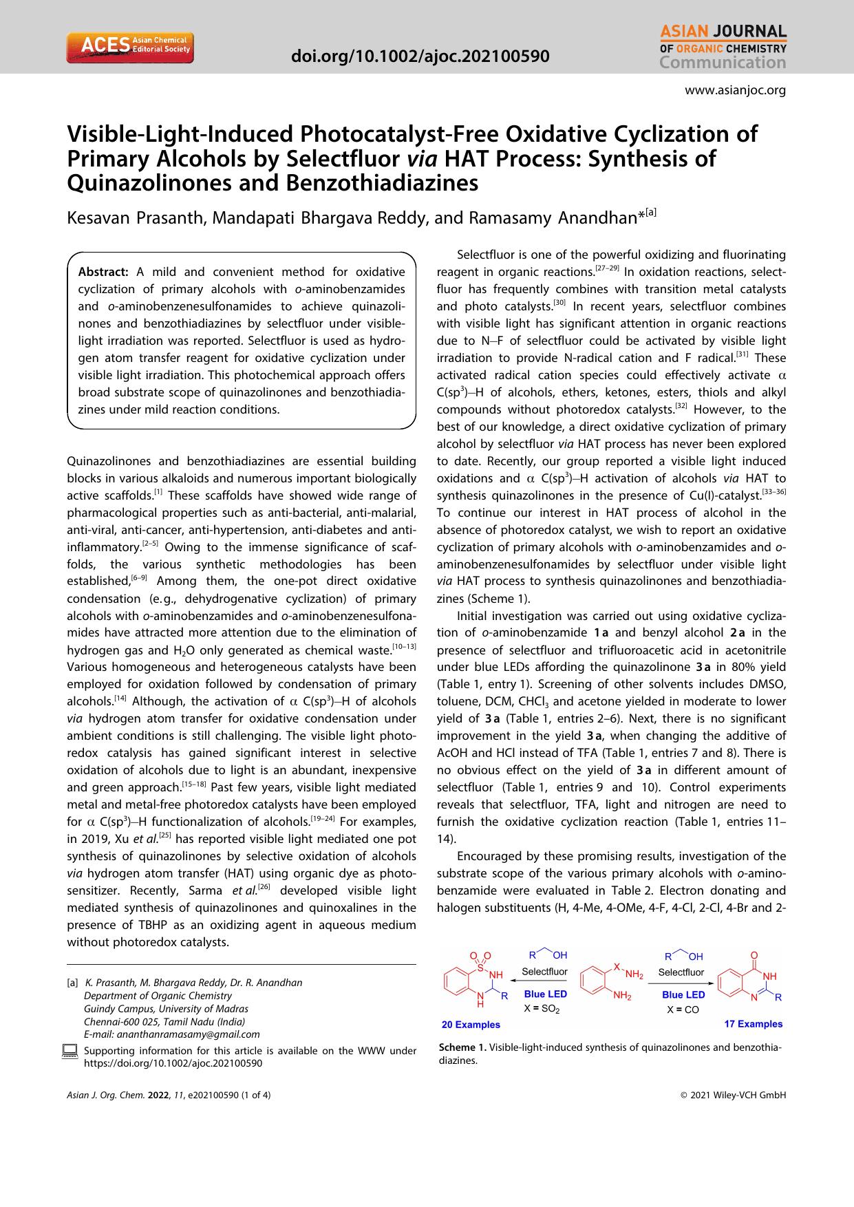 VisibleâLightâInduced PhotocatalystâFree Oxidative Cyclization of Primary Alcohols by Selectfluor via HAT Process: Synthesis of Quinazolinones and Benzothiadiazines by Unknown