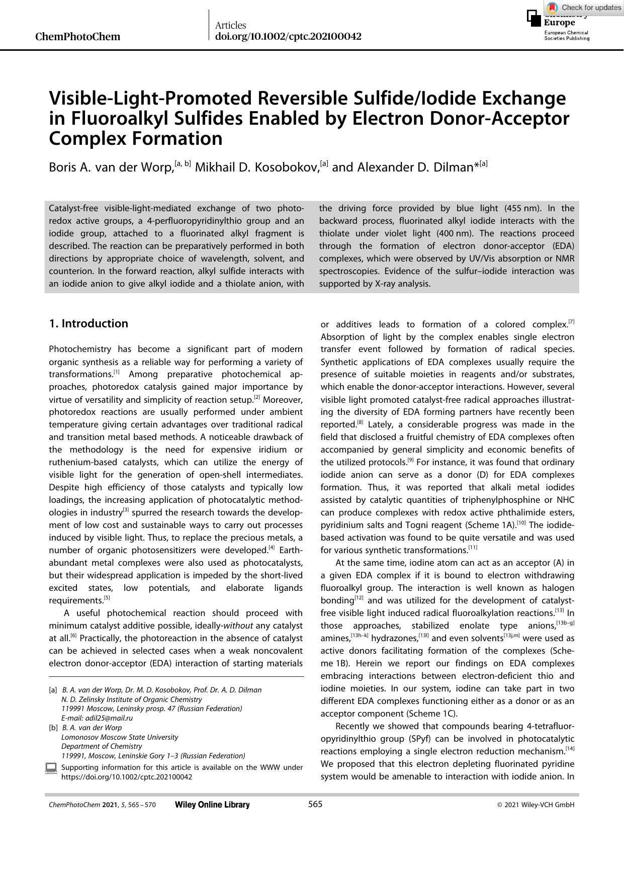 VisibleâLightâPromoted Reversible SulfideIodide Exchange in Fluoroalkyl Sulfides Enabled by Electron DonorâAcceptor Complex Formation by Unknown