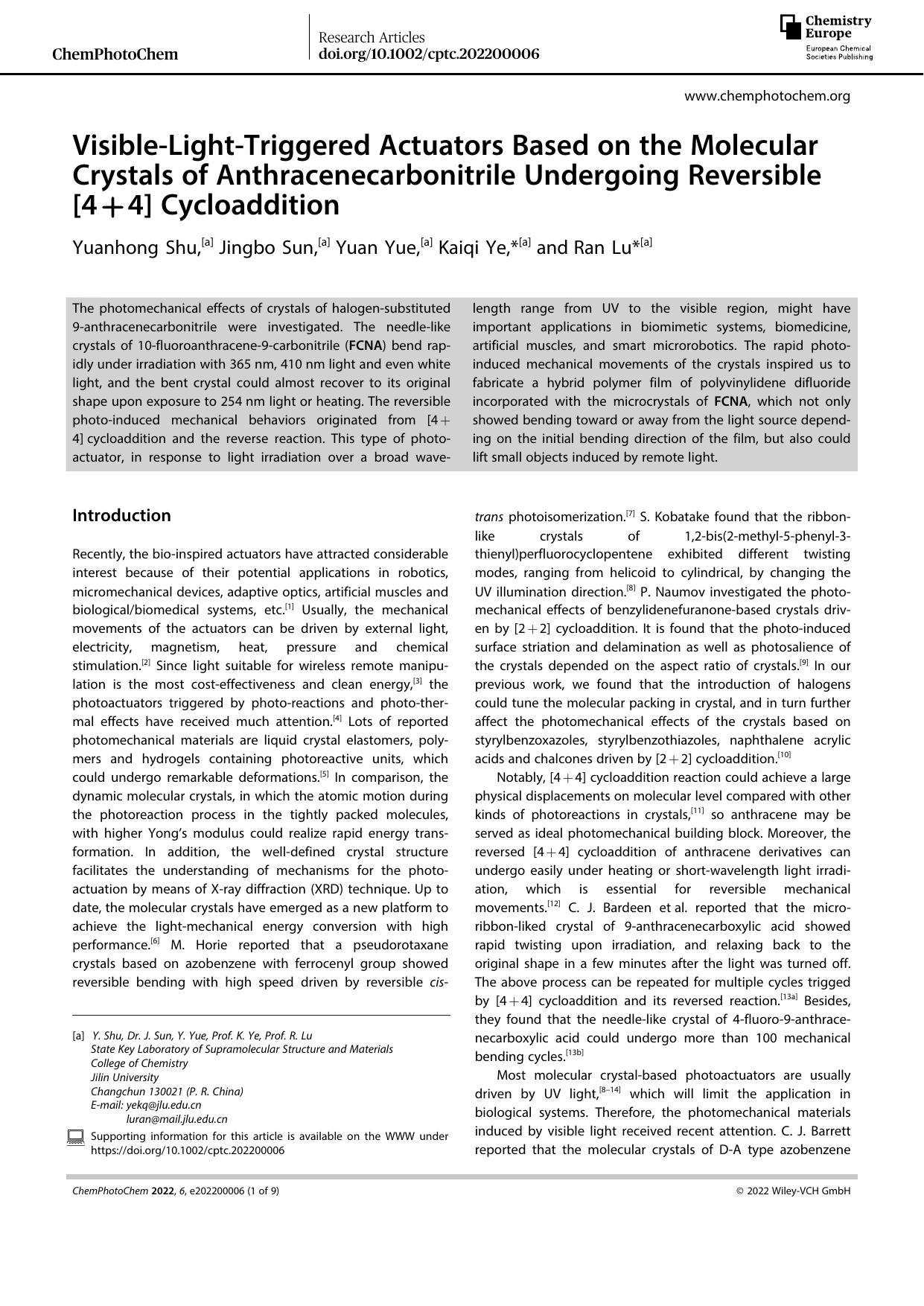 VisibleâLightâTriggered Actuators Based on the Molecular Crystals of Anthracenecarbonitrile Undergoing Reversible [4+4] Cycloaddition by Unknown
