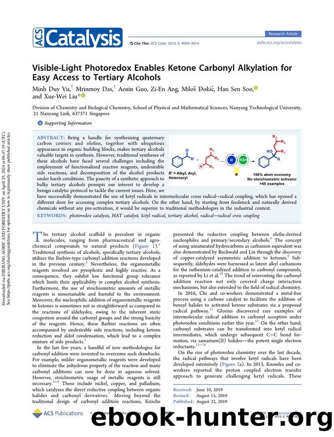 Visible-Light Photoredox Enables Ketone Carbonyl Alkylation for Easy Access to Tertiary Alcohols by Minh Duy Vu Mrinmoy Das Aoxin Guo Zi-En Ang Miloš D̵okić Han Sen Soo & Xue-Wei Liu