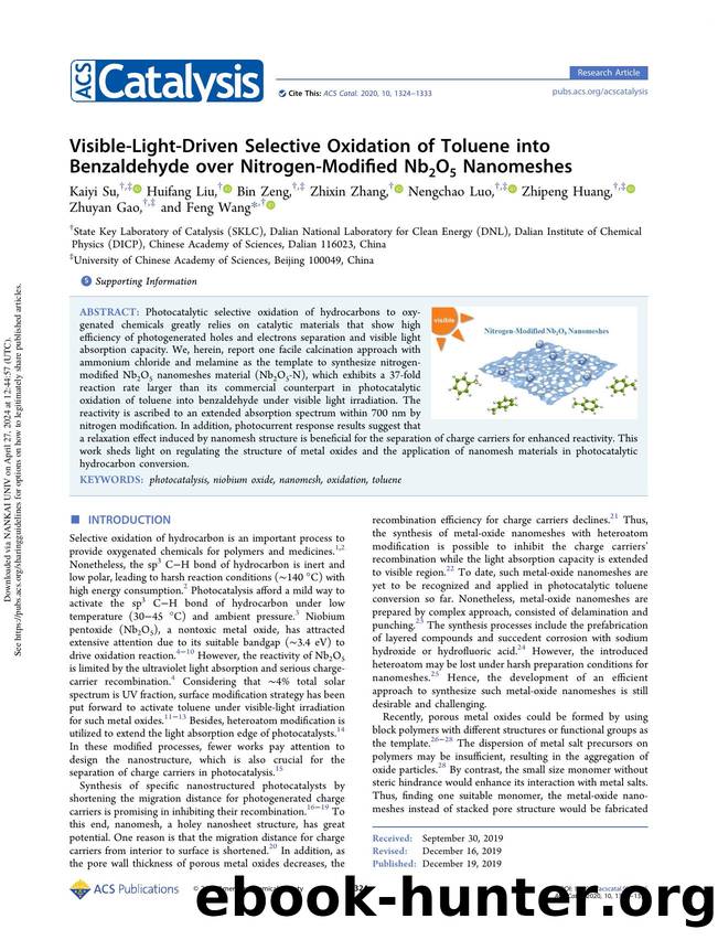Visible-Light-Driven Selective Oxidation of Toluene into Benzaldehyde over Nitrogen-Modified Nb2O5 Nanomeshes by Kaiyi Su Huifang Liu Bin Zeng Zhixin Zhang Nengchao Luo Zhipeng Huang Zhuyan Gao & Feng Wang