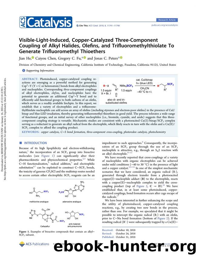 Visible-Light-Induced, Copper-Catalyzed Three-Component Coupling of Alkyl Halides, Olefins, and Trifluoromethylthiolate To Generate Trifluoromethyl Thioethers by Jian He Caiyou Chen Gregory C. Fu & Jonas C. Peters