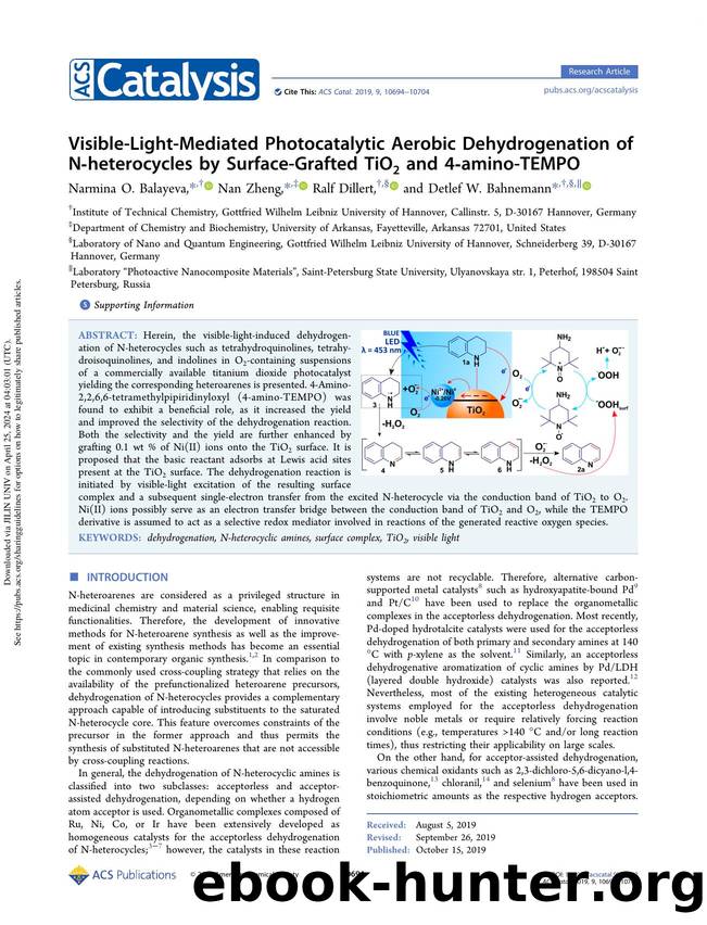 Visible-Light-Mediated Photocatalytic Aerobic Dehydrogenation of N-heterocycles by Surface-Grafted TiO2 and 4-amino-TEMPO by Narmina O. Balayeva Nan Zheng Ralf Dillert & Detlef W. Bahnemann