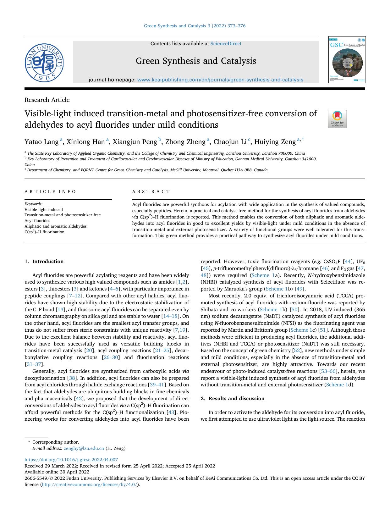 Visible-light induced transition-metal and photosensitizer-free conversion of aldehydes to acyl fluorides under mild conditions by Yatao Lang & Xinlong Han & Xiangjun Peng & Zhong Zheng & Chaojun Li & Huiying Zeng