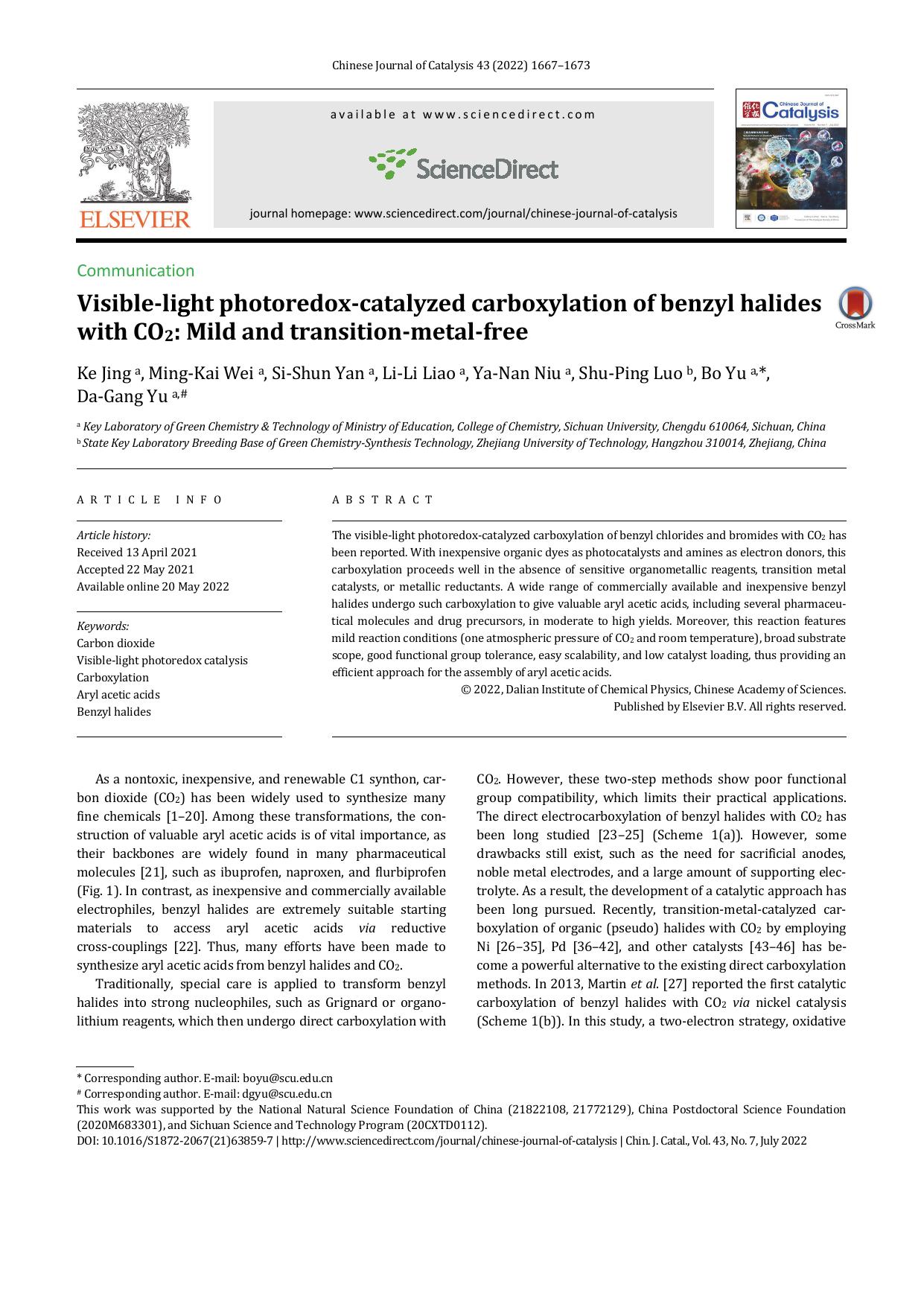 Visible-light photoredox-catalyzed carboxylation of benzyl halides with CO2: Mild and transition-metal-free by Ke Jing & Ming-Kai Wei & Si-Shun Yan & Li-Li Liao & Ya-Nan Niu & Shu-Ping Luo & Bo Yu & Da-Gang Yu