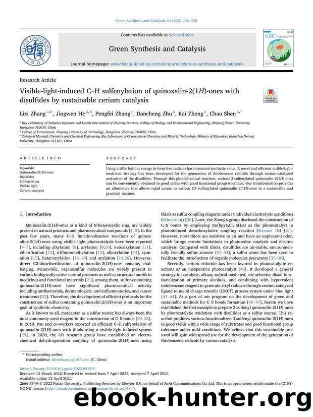 Visible-light-induced C-H sulfenylation of quinoxalin-2(1H)-ones with disulfides by sustainable cerium catalysis by Lixi Zhang & Jingwen He & Pengfei Zhang & Dancheng Zhu & Kai Zheng & Chao Shen