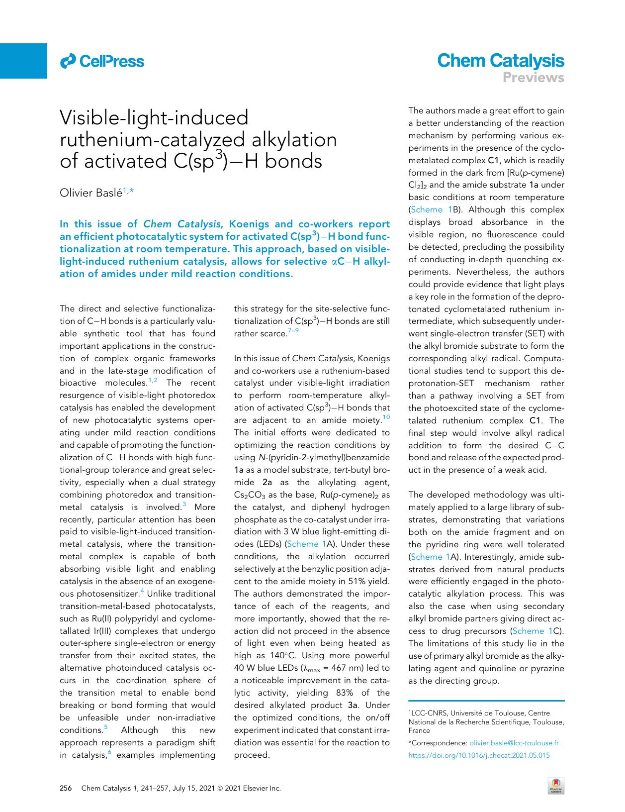 Visible-light-induced ruthenium-catalyzed alkylation of activated C(sp3)-H bonds by Olivier Baslé