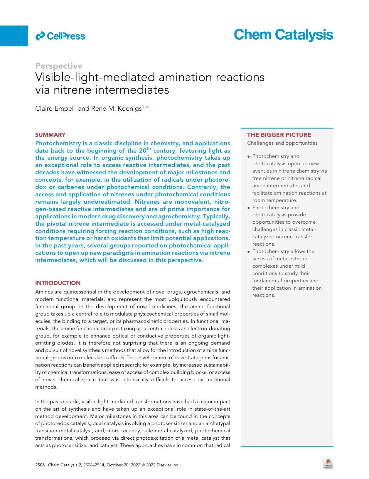 Visible-light-mediated amination reactions via nitrene intermediates by Claire Empel & Rene M. Koenigs