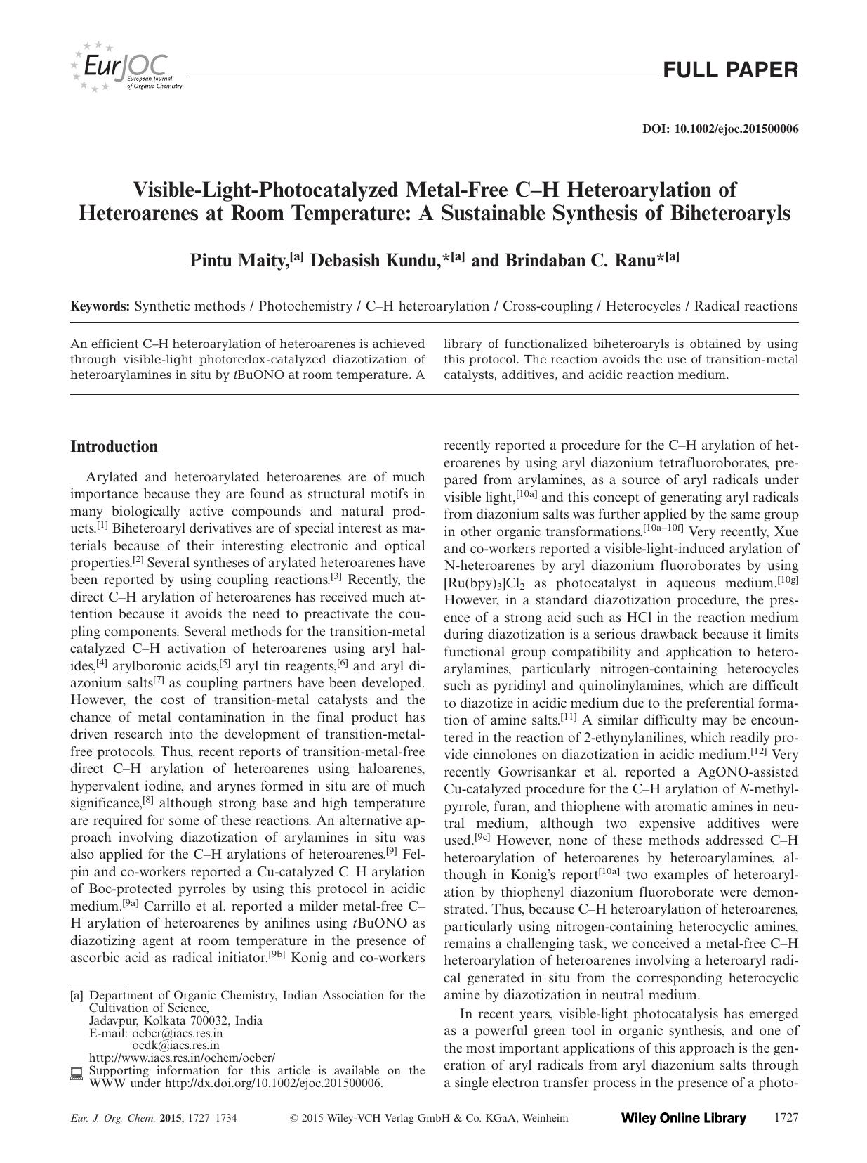 VisibleLightPhotocatalyzed MetalFree CH Heteroarylation of Heteroarenes at Room Temperature: A Sustainable Synthesis of Biheteroaryls by Unknown