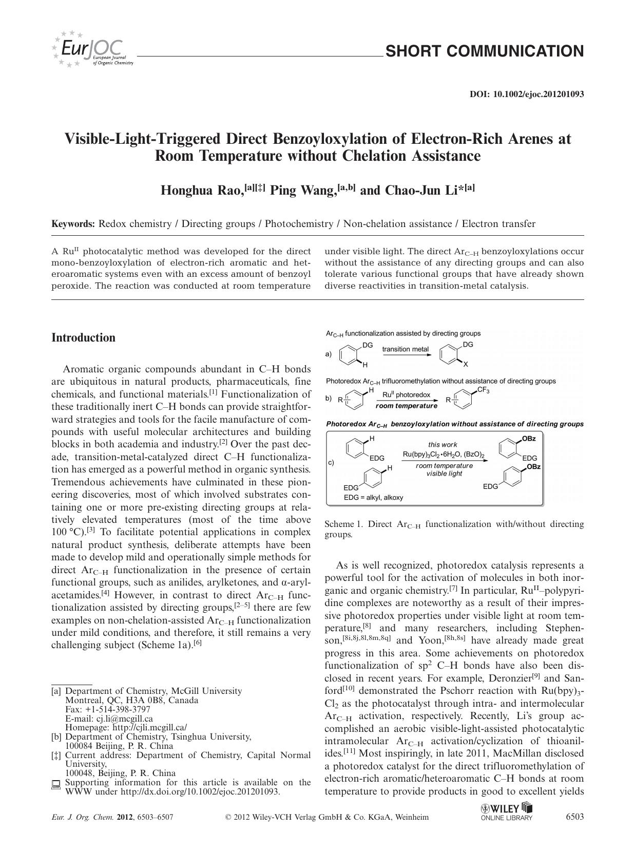 VisibleLightTriggered Direct Benzoyloxylation of ElectronRich Arenes at Room Temperature without Chelation Assistance by Unknown