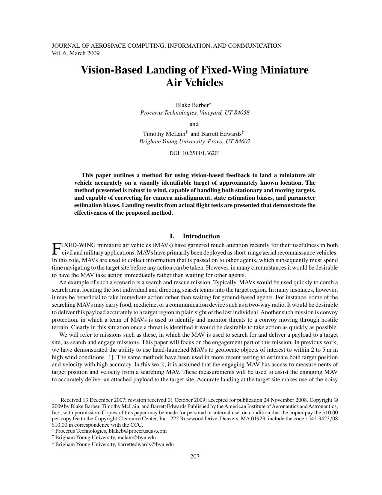 Vision-Based Landing of Fixed-Wing Miniature Air Vehicles by Unknown