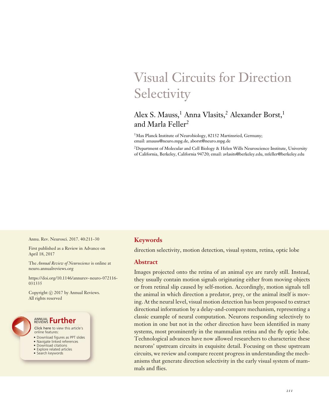 Visual Circuits for Direction Selectivity by Alex S. Mauss Anna Vlasits Alexander Borst Marla Feller