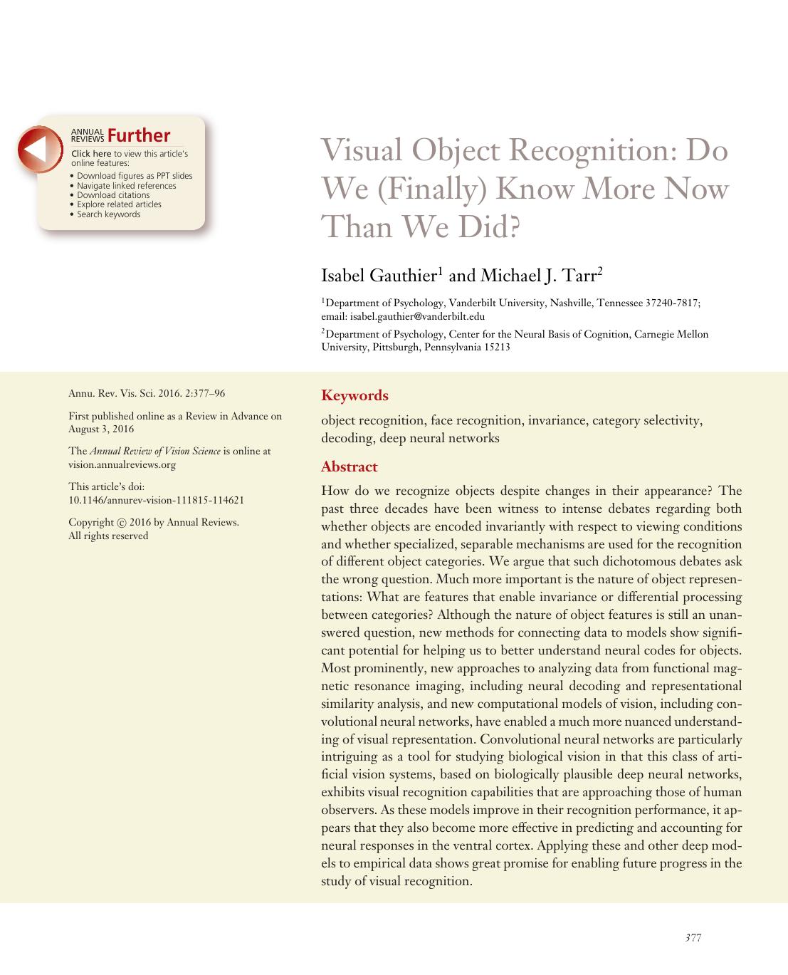 Visual Object Recognition: Do We (Finally) Know More Now Than We Did? by Isabel Gauthier and Michael J. Tarr