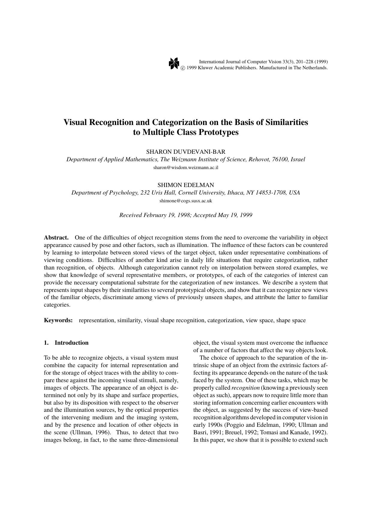 Visual Recognition and Categorization on the Basis of Similarities to Multiple Class Prototypes by Visual Recognition & Categorization on the Basis of Similarities to Multiple Class Prototypes