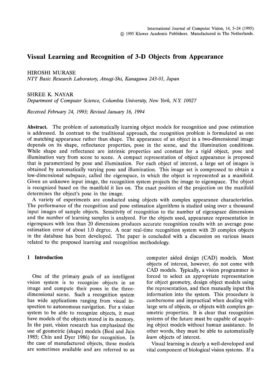 Visual learning and recognition of 3-d objects from appearance by Unknown