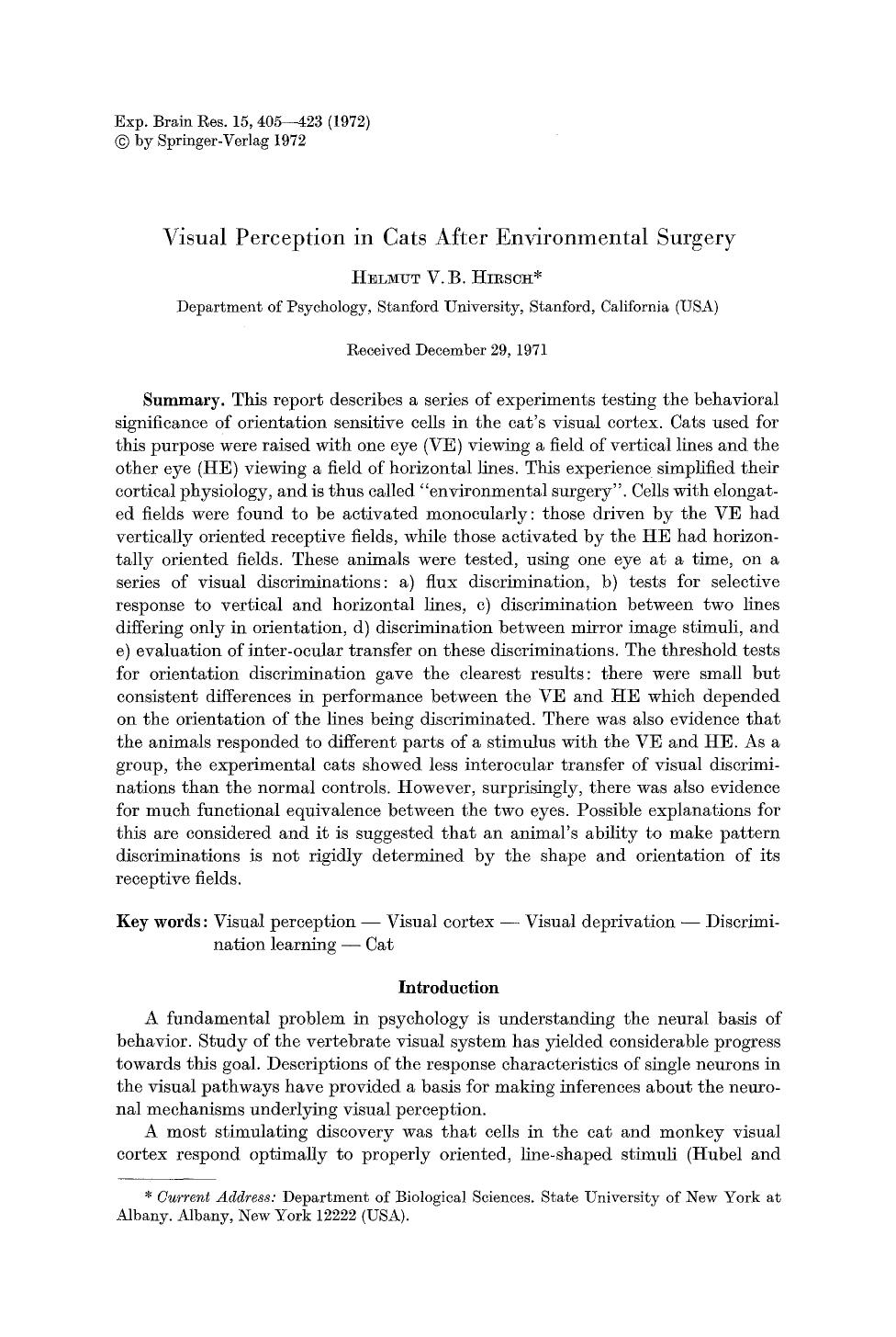 Visual perception in cats after environmental surgery by Unknown