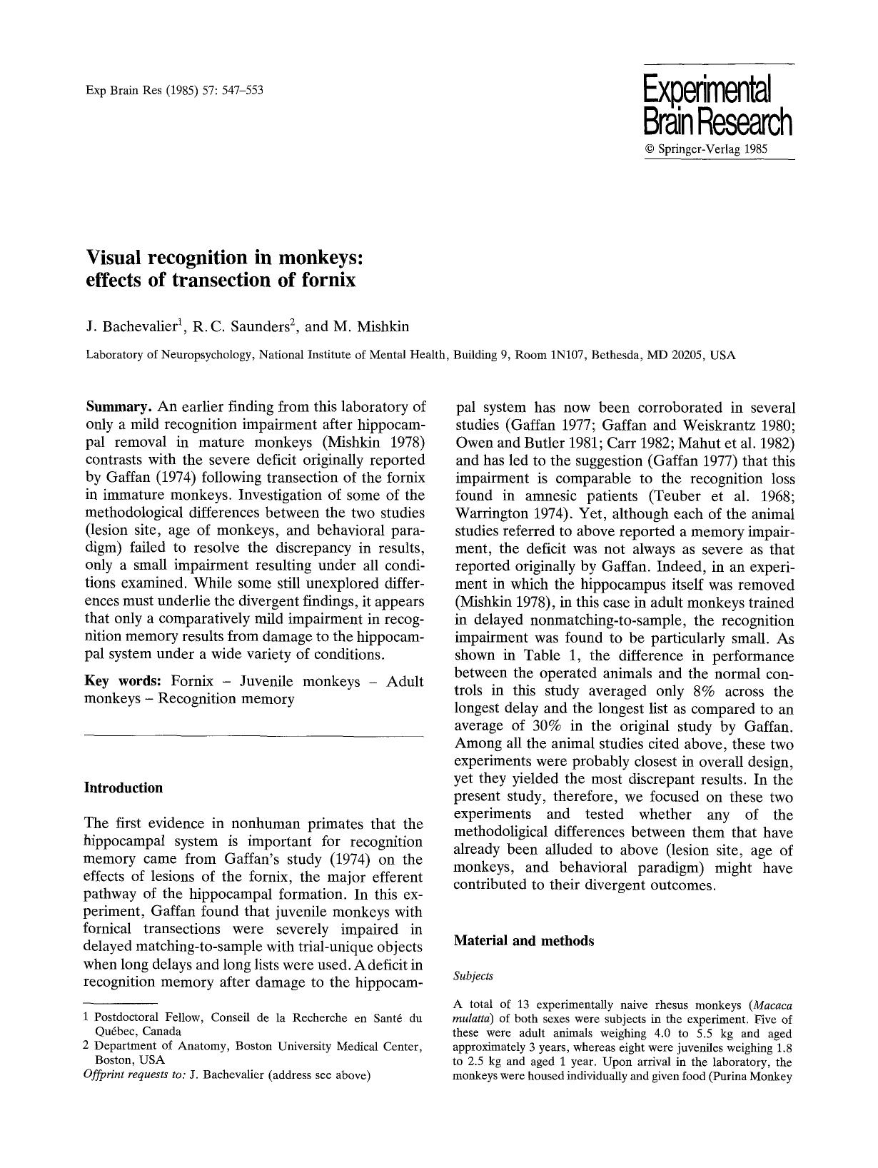 Visual recognition in monkeys: effects of transection of fornix by Unknown