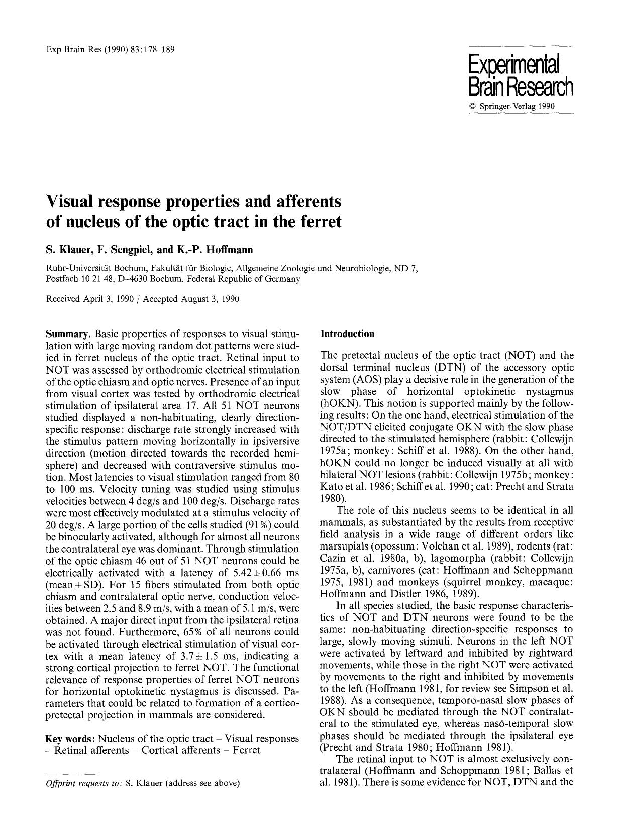 Visual response properties and afferents of nucleus of the optic tract in the ferret by Unknown