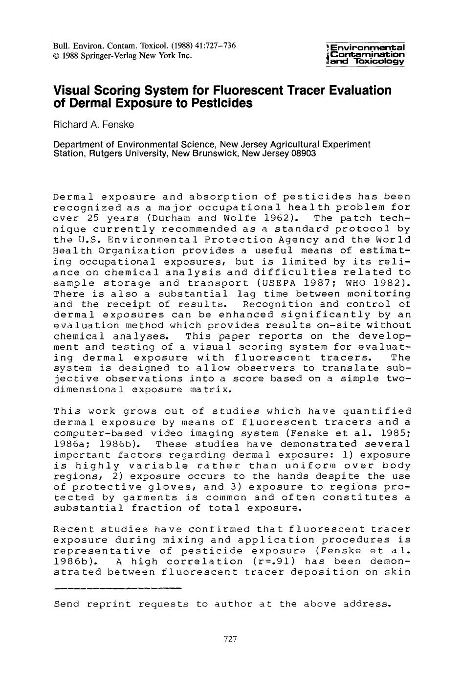 Visual scoring system for fluorescent tracer evaluation of dermal exposure to pesticides by Unknown