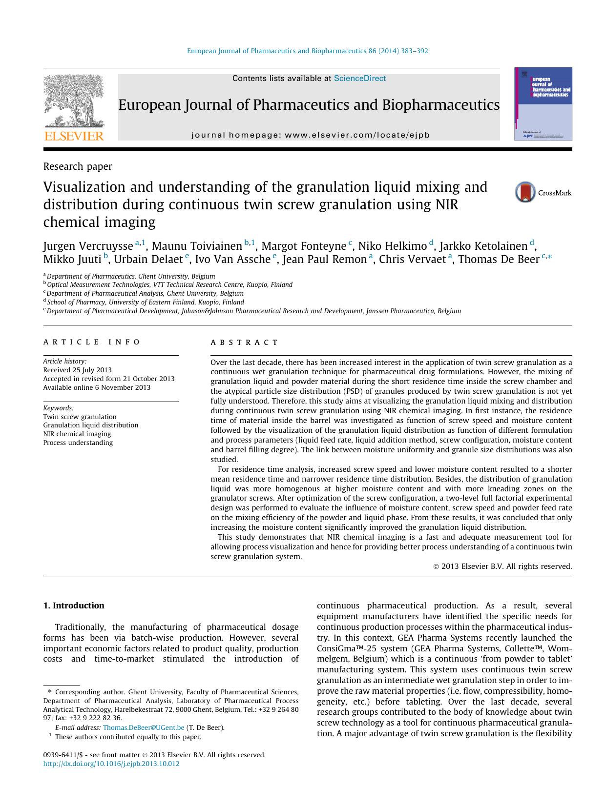 Visualization and understanding of the granulation liquid mixing and distribution during continuous twin screw granulation using NIR chemical imaging by unknow