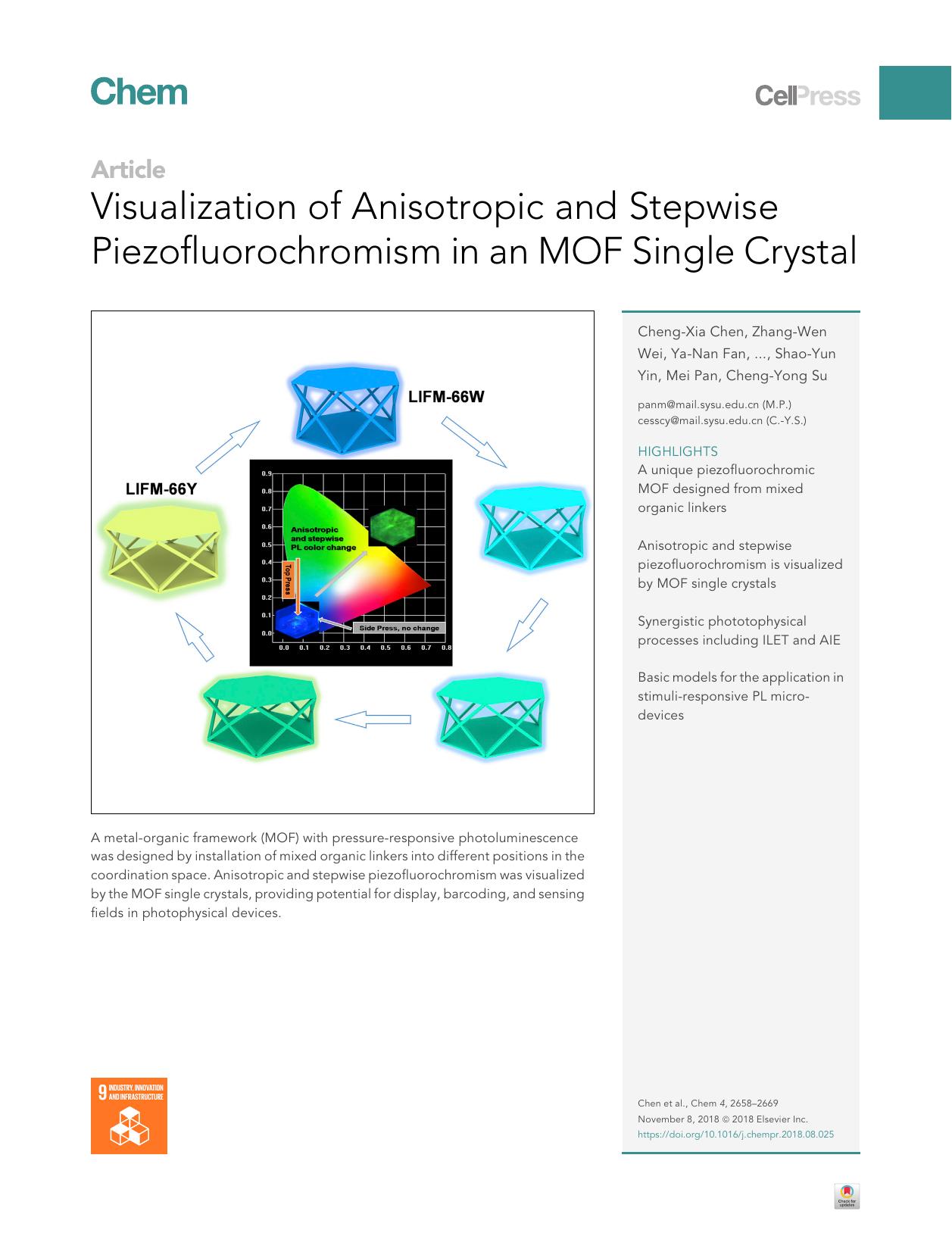 Visualization of Anisotropic and Stepwise Piezofluorochromism in an MOF Single Crystal by Cheng-Xia Chen